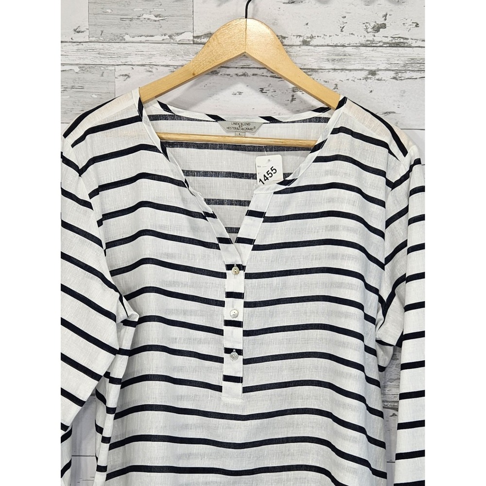 Hester & Orchard Linen Blend Top Striped Blue White Large 3/4 Sleeves - Picture 2 of 9